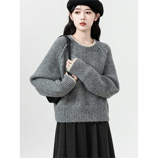 灰色圆领毛衣女秋冬2026新款韩版宽松插肩针织衫内搭打底短款上衣