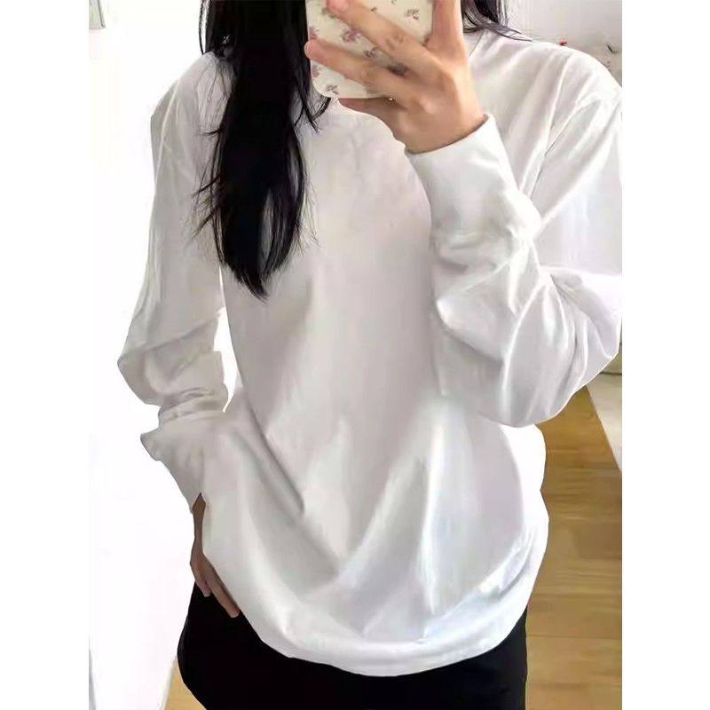 纯棉圆领长袖T恤女春秋冬白色叠穿上衣纯色基础款宽松内搭打底衫