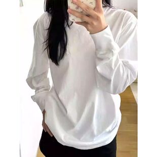 纯棉圆领长袖T恤女春秋冬白色叠穿上衣纯色基础款宽松内搭打底衫