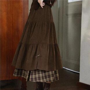 鹿向南「褐咖柔章」美拉德咖色拼接格子长款半身裙女秋冬伯克利裙
