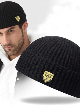 地主帽男秋冬季新款瓜皮帽翻檐毛线帽街头保暖帽子雅痞帽冷帽纯色