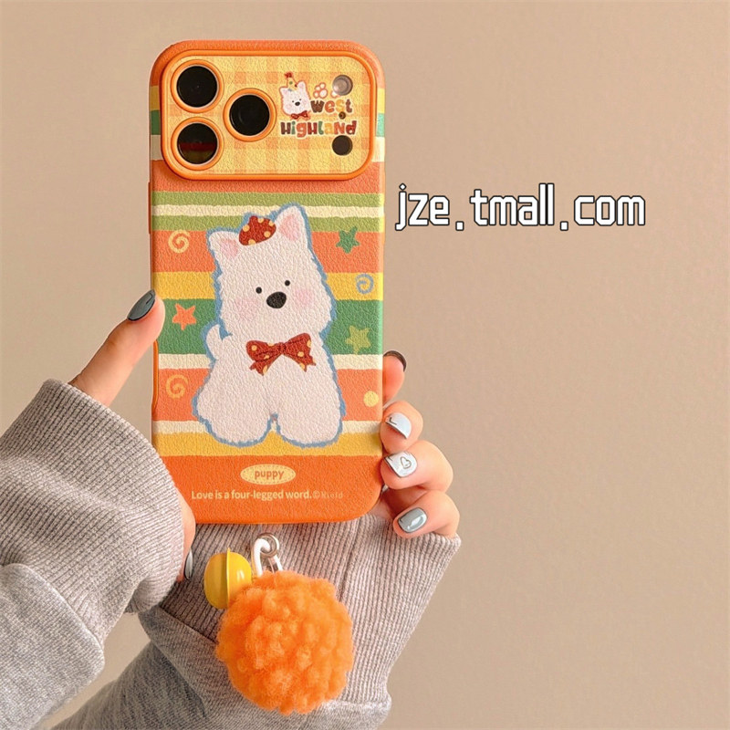 jze 可爱彩色条纹西高地狗狗适用苹果17ProMax手机壳iphone15新款16pro女款小众13仿皮15pro全包防摔保护套14