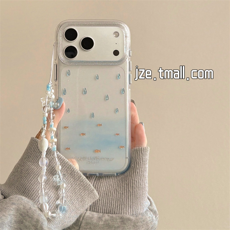 jze夏日ins小众透明细闪雨滴金鱼适用苹果17ProMax手机壳iphone15新款16pro女款17pro带链条14全包防摔手机套