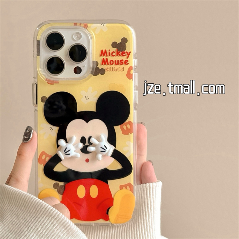 jze 趣味可爱米奇立体手套适用苹果15手机壳iPhone16ProMax新款15pro防摔13网红卡通12硅胶14pro全包女款软壳