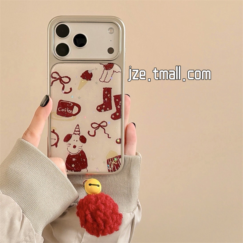 jze新年ins可爱酒红袜子狗狗适用苹果17ProMax手机壳iphone15新款16pro女13滴胶15pro带挂饰14全包防摔保护套