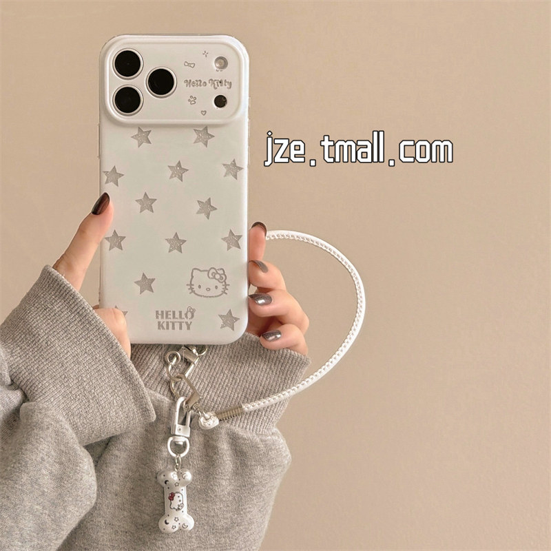jze ins韩风白色缕空闪粉星星kitty适用苹果17ProMax手机壳iphone15新款16pro少女17pro秋冬14全包防摔手机套