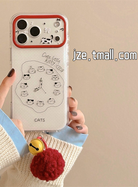 jze韩风ins白色猫咪时钟涂鸦适用苹果17ProMax手机壳毛球挂件iphone15新款16pro女17pro双层14全包防摔手机套