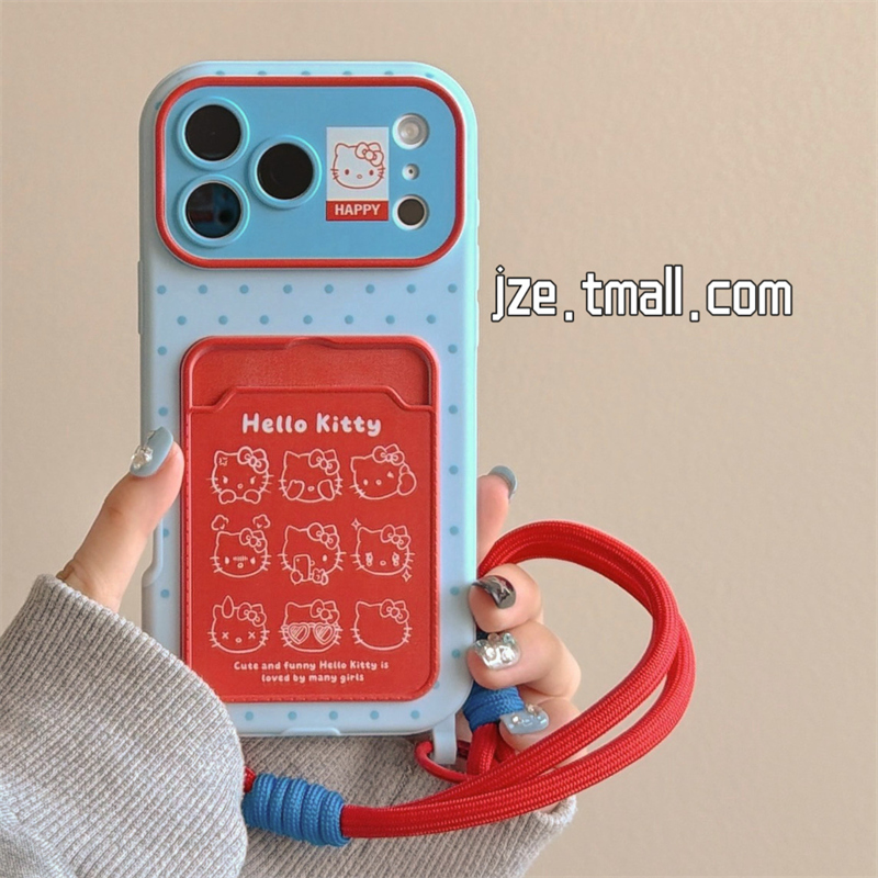jze可爱红蓝九宫格哈喽kitty卡包适用苹果17ProMax手机壳iphone15新款16pro女13带挂绳15pro创意14防摔保护套