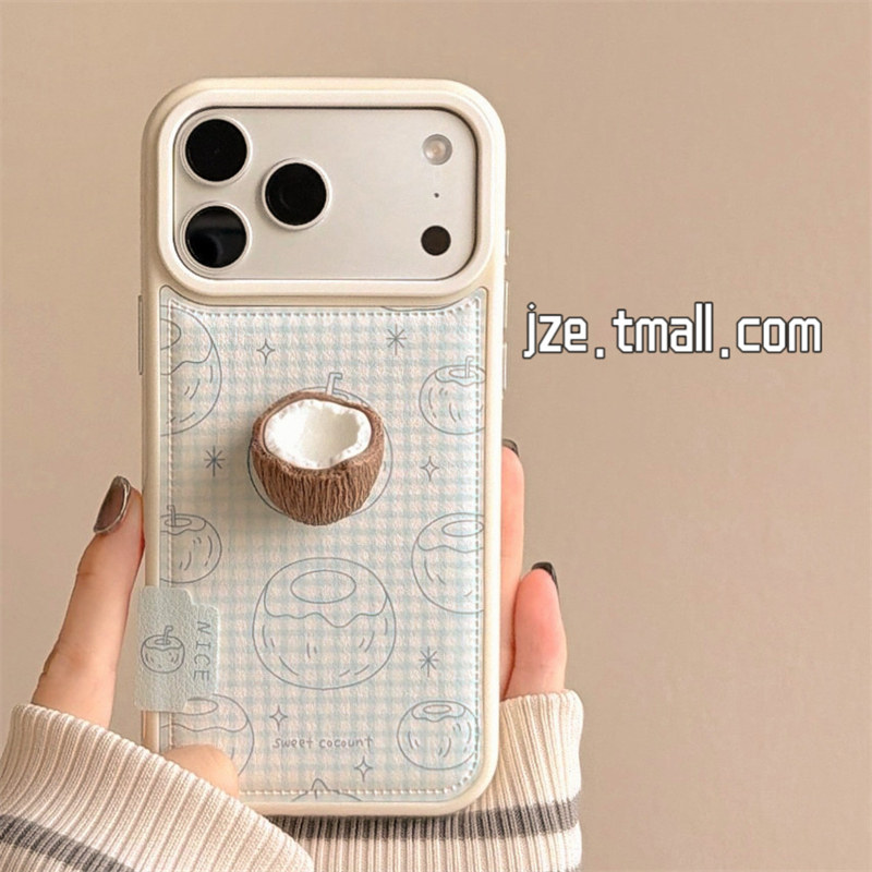 jze小众ins风蓝格纹立体椰子鼓包适用苹果17ProMax手机壳iphone15新款16pro女款13简约15pro全包防摔保护套14