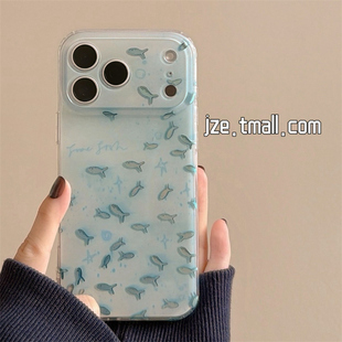 jze夏日ins风可爱小清新蓝色鱼群适用苹果17ProMax手机壳双层鎏金iphone15新款16pro女17pro全包14防摔手机套