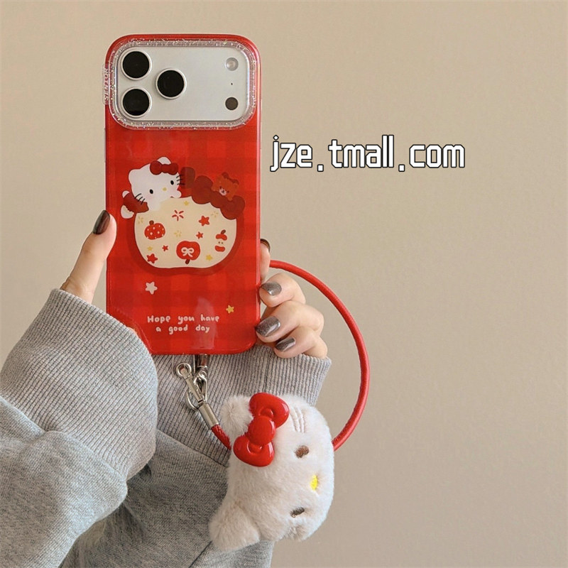 jze 新年红格纹苹果哈喽kt公仔适用苹果17ProMax手机壳iphone15新款16pro女款可爱13带挂绳15pro防摔手机套14