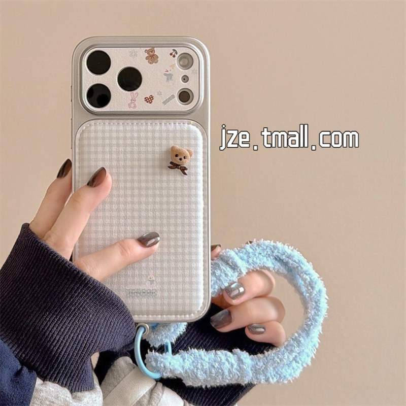 jze少女心ins简约温柔蓝格纹立体小熊适用苹果17ProMax手机壳iphone15新款16pro女13全包15pro防摔17手机套14