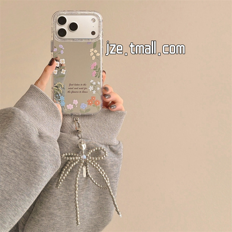 jze春款ins风清新彩绘花朵镜面适用苹果17ProMax手机壳iphone15新款16pro少女心17pro带挂件14全包防摔手机套