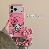 粉色可爱哈喽kt花朵挂绳适用苹果17ProMax手机壳韩风iphone15新款 jze 春款 16pro少女心17pro双层14防摔手机套