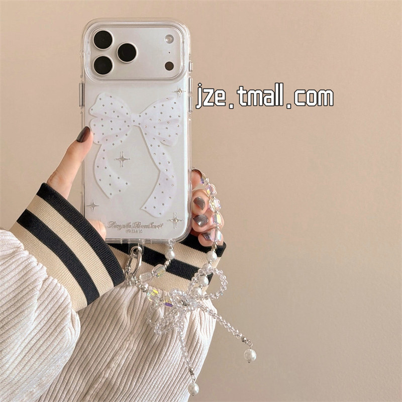 jze韩系ins小众温柔少女白色水钻蝴蝶结适用苹果17ProMax手机壳iphone15新款16pro双层17pro全包14防摔手机套