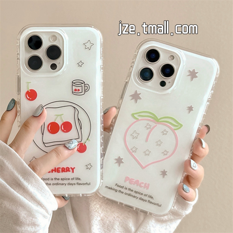 ins小众可爱线条涂鸦樱桃吐司适用苹果15手机壳iphone16ProMax新款15promax女款13双层16pro韩风14全包保护套