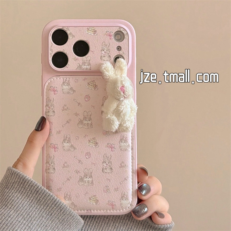 jze 可爱卡通粉色蝴蝶结兔子适用苹果17ProMax手机壳iphone15新款16pro韩风少女13皮质15pro全包防摔手机套14