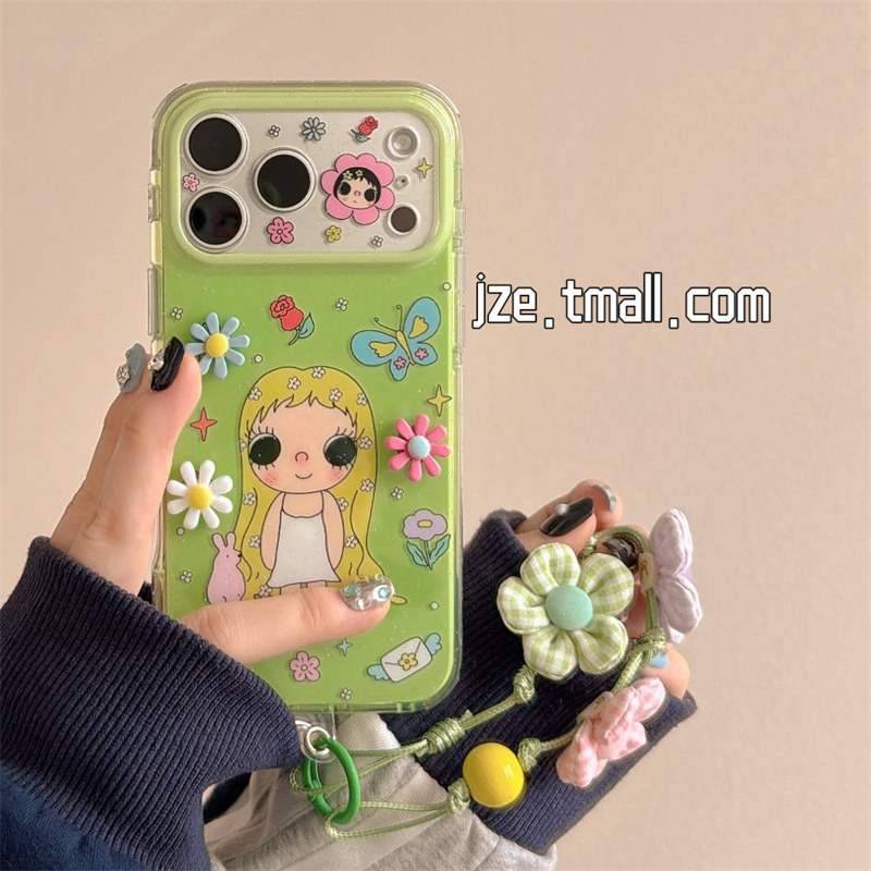 jze 韩风可爱绿底小女孩花朵挂绳适用苹果17ProMax手机壳高级感iphone15新款16pro双层17pro全包14防摔手机套