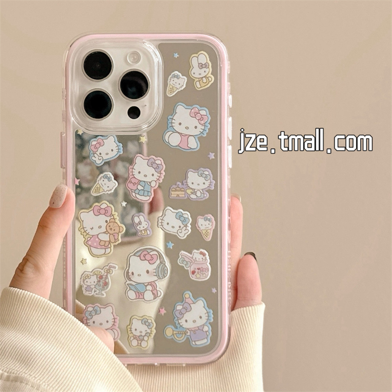 可爱HelloKitty补妆镜适用苹果15手机壳iphone16ProMax新款15promax女13网红卡通16pro二合一14pro全包保护套