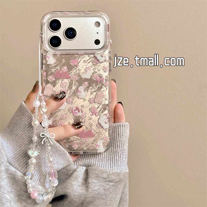 jze 少女心粉色碎花可爱兔子锡纸纹适用苹果17ProMax手机壳iphone15新款16pro双层13带链条15pro防摔保护套14