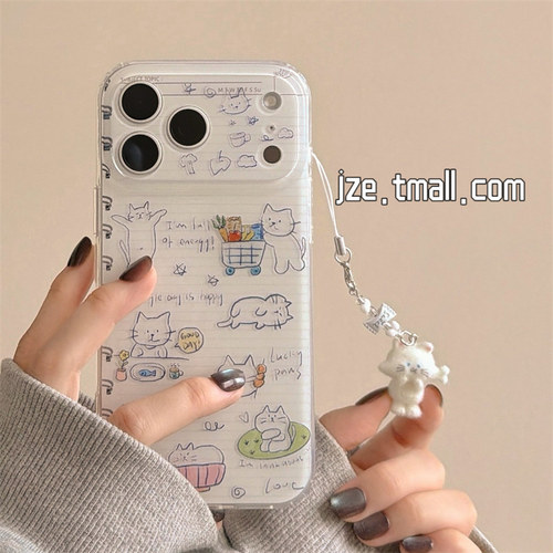 jze 韩风涂鸦卡通蓝线条猫咪笔记适用苹果17ProMax手机壳iphone15新款16pro女小众17pro双层全包防摔手机套14