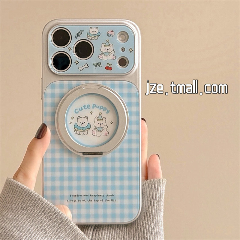 jze 蓝格纹可爱卡通狗狗旋转支架适用苹果17ProMax手机壳韩风iphone15新款16pro女17pro创意14全包防摔手机套