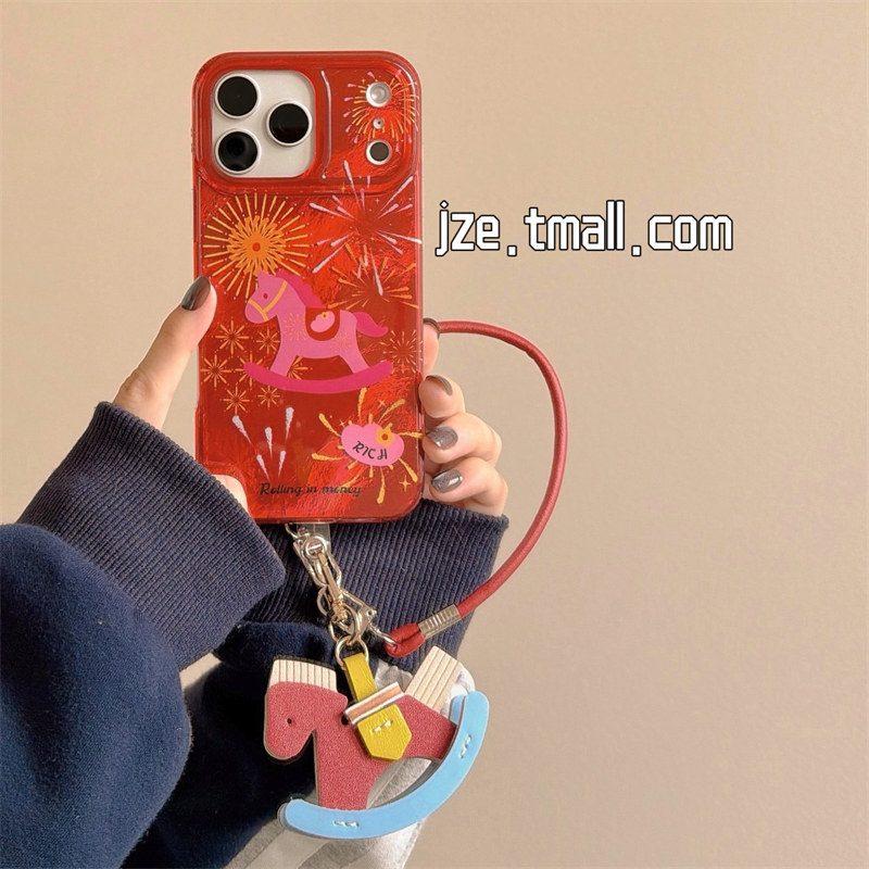 jze 新年红色锡纸纹喜庆烟花小马适用苹果17ProMax手机壳iphone15新款16pro女13手拎绳15pro全包14防摔保护套,3C数码配件,手机保护套/壳,淘宝优惠券,粉丝福利购,淘宝优惠卷