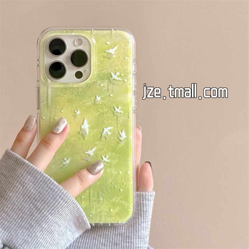 ins韩系小众简约绿色鸟群适用苹果15手机壳iphone16ProMax新款15promax女款13夏天16pro双层14pro全包保护套