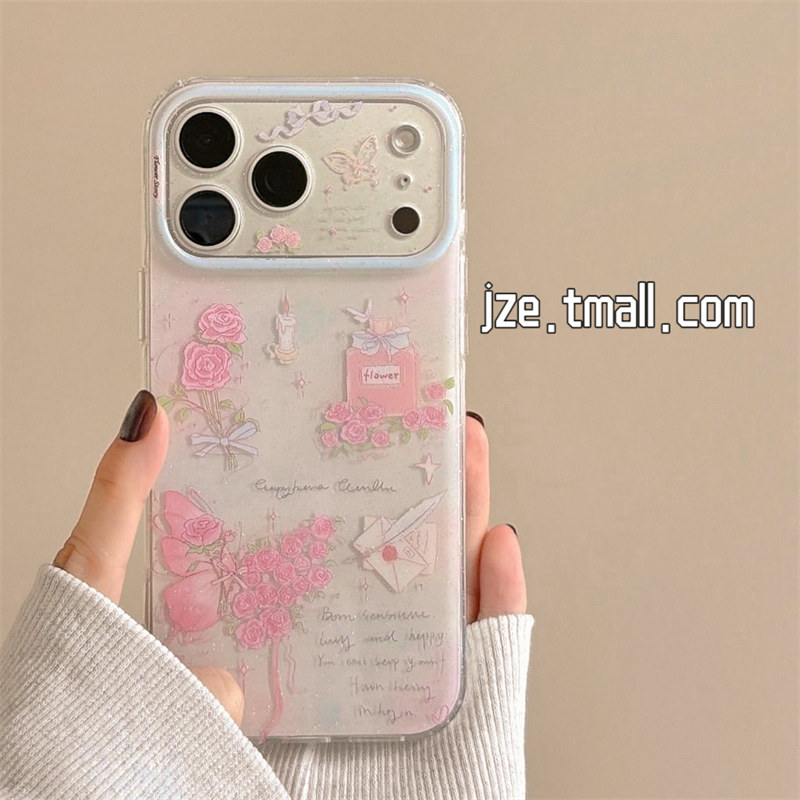 jze 唯美少女心晕染粉色玫瑰花信封插画适用苹果17ProMax手机壳iphone15新款16pro双层细闪17pro防摔手机套14