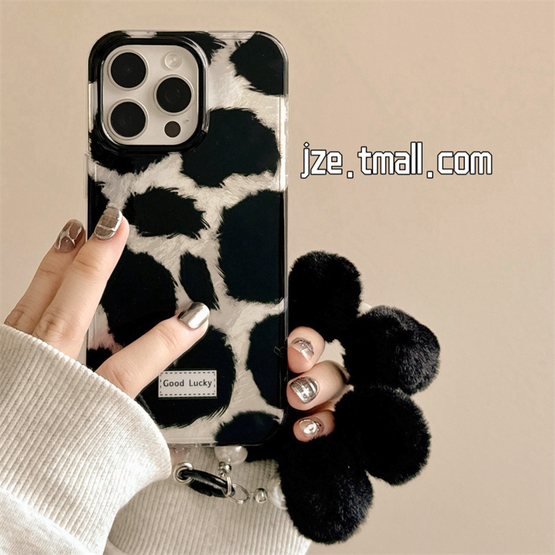 冷淡风黑色豹纹带毛绒手提适用苹果15手机壳iPhone16ProMax新款15pro防摔13女款12硅胶14pro个性小众全包软壳