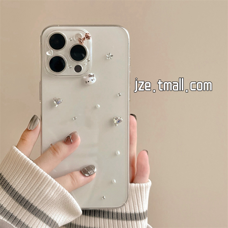 jze 极简ins透明水钻HelloKitty贴纸适用苹果17ProMax手机壳iphone15新款16pro女13高级感15pro防摔保护套14