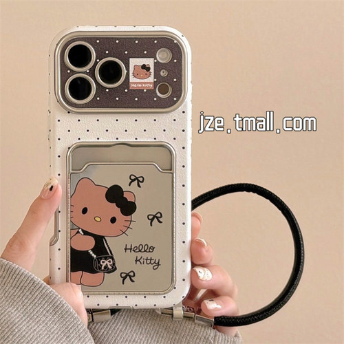 jze 小香风波点黑裙kt猫镜面卡包适用苹果17ProMax手机壳iphone15新款16pro女13带挂绳15pro全包防摔保护套14