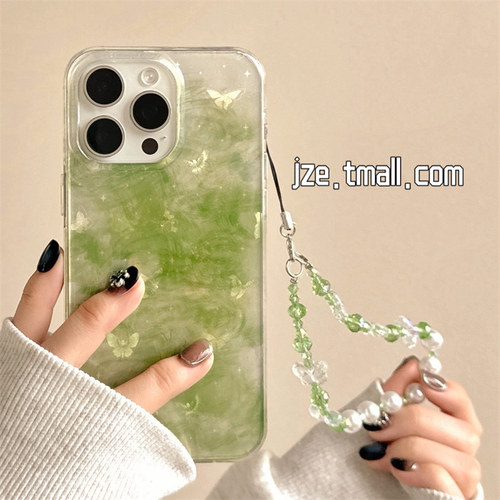 韩系小清新绿色晕染渐变蝴蝶适用苹果17手机壳iPhone16ProMax新款15pro防摔13女款12双层14pro带挂绳全包软壳