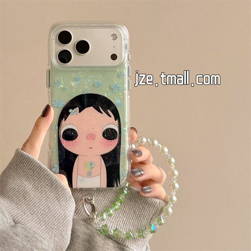 jze 贝壳纹蓝碎花卡通小女孩带挂绳适用苹果17ProMax手机壳iphone15新款16pro创意17pro日韩14全包防摔手机套