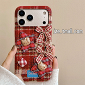 jze 秋冬绒布酒红格纹HelloKitty立体适用苹果17ProMax手机壳iphone15新款 16pro少女13可爱15pro防摔保护套14