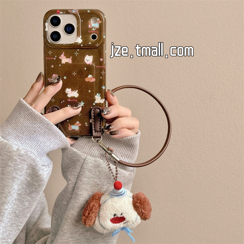 jze 白鹿同款细闪卡通小狗适用苹果17ProMax手机壳iphone15秋冬新款16pro女13腕带挂绳15pro双层14防摔保护套