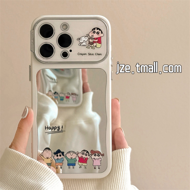 日系卡通可爱小新镜面适用苹果14手机壳iPhone13ProMax新款15pro防摔12女款小众11硅胶14pro带镜头膜全包软壳