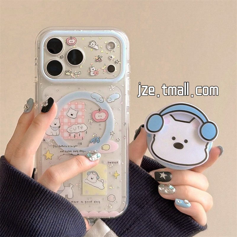 jze 卡通可爱耳机西高地小狗支架适用苹果17ProMax手机壳磁吸iphone15新款16pro女款17pro超好看14防摔手机套