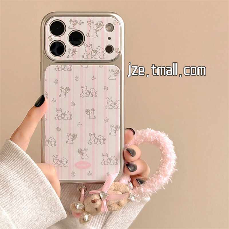 jze 韩系可爱闪粉条纹碎花兔子适用苹果17ProMax手机壳iphone15新款16pro女款13带挂绳15pro滴胶14防摔保护套