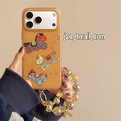 jze 17pro鎏金双层14全包防摔手机套 16pro女款 新中式 黄底戏曲风三只小马适用苹果17ProMax手机壳iphone15新款