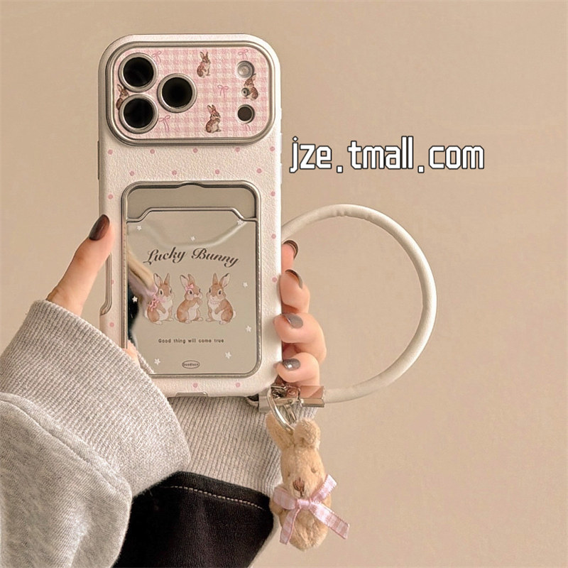 jze 甜美可爱波点小兔镜子卡包适用苹果17ProMax手机壳iphone15新款16pro女款13带挂绳15pro仿皮14防摔保护套