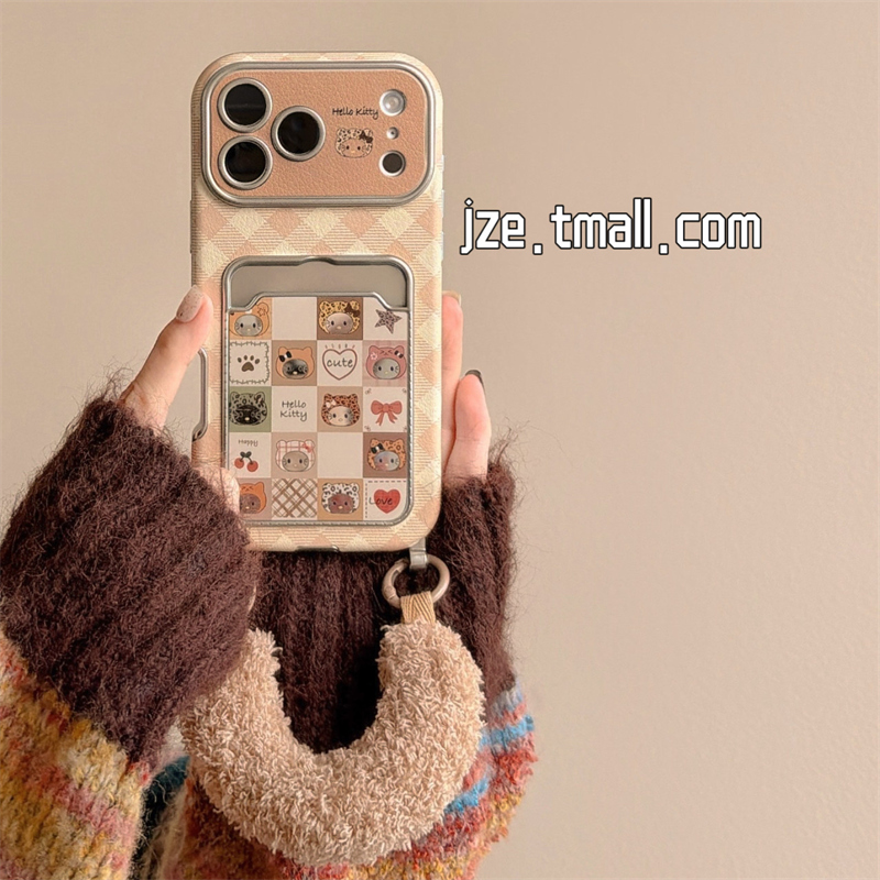 jze 可爱宫格kt猫卡包适用苹果17ProMax手机壳iphone15新款16pro女款13皮质大视窗15pro毛绒手柄14防摔保护套