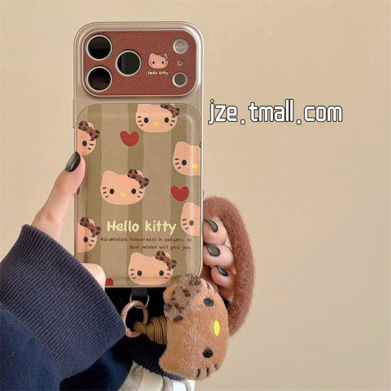 jze 可爱绿条纹爱心哈喽kt皮质适用苹果17ProMax手机壳iphone15新款16pro女款13带挂绳15pro全包防摔保护套14