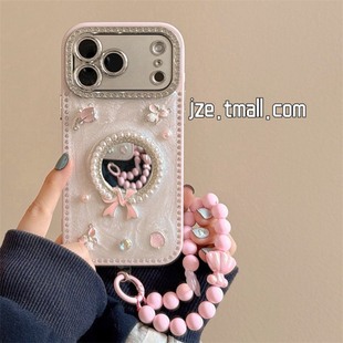 jze韩风ins蝴蝶结闪钻补妆镜适用苹果17ProMax手机壳iphone15新款16pro少女13带镜头膜15pro滴胶14防摔保护套