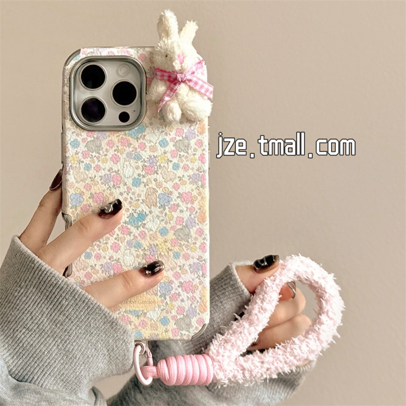 jze 秋冬可爱清新碎花毛绒小兔适用苹果17ProMax手机壳iphone15新款16pro女款13带挂绳15pro皮纹14防摔保护套
