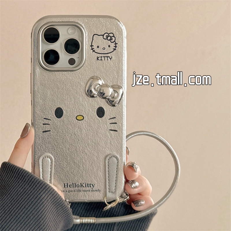 简约可爱银色蝴蝶结KT带挂绳适用苹果15手机壳iPhone16ProMax新款15pro防摔13女款超好看12皮质14pro全包软壳