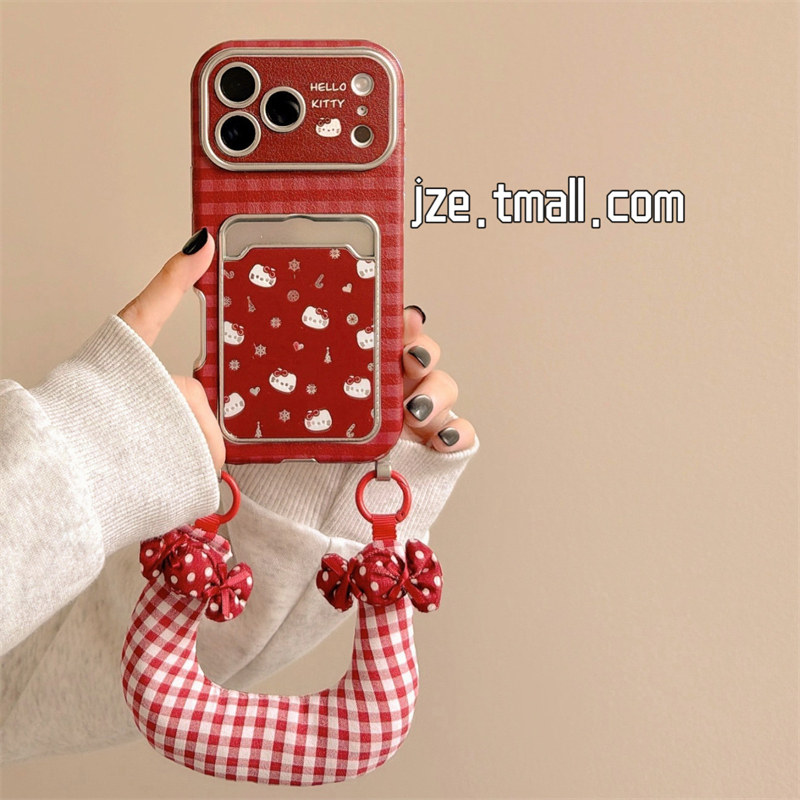 jze 韩风红格纹可爱哈喽KT卡包适用苹果17ProMax手机壳iphone15新款16pro女13腕带挂绳15pro皮纹14防摔保护套