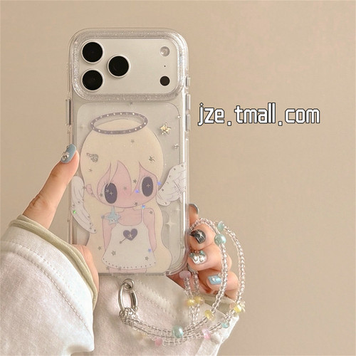 jze 甜妹动漫卡通天使女孩彩钻闪粉适用苹果17ProMax手机壳iphone16pro新款17女15pro带链条14双层防摔手机套