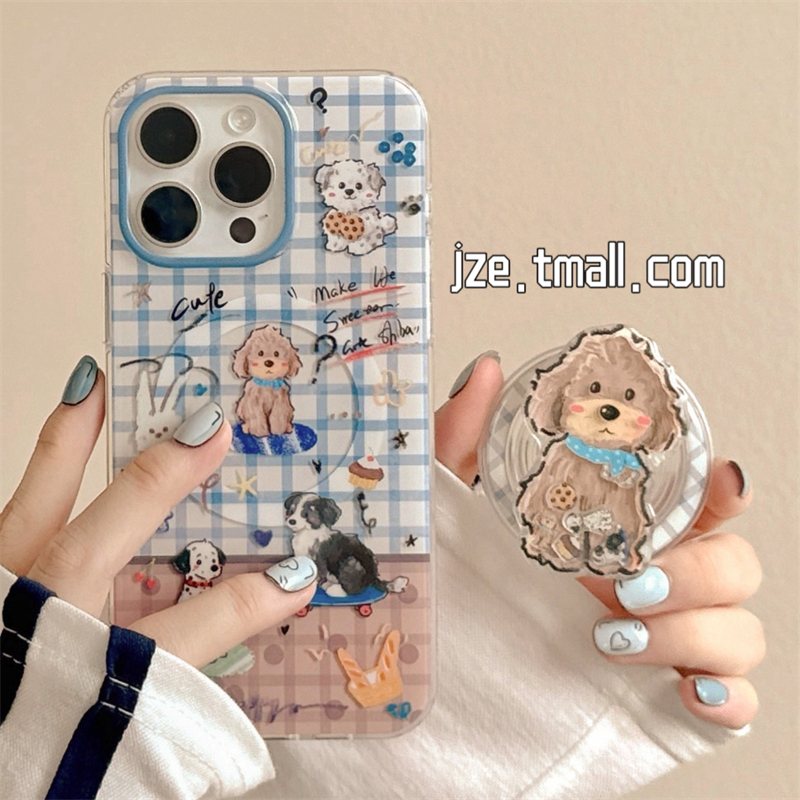 jze可爱格纹涂鸦小狗摇摇乐磁吸支架适用苹果15手机壳iphone16ProMax新款15promax女13双层16pro全包保护套14