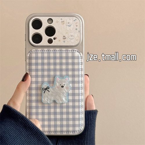 jze复古文艺蓝格纹立体狗狗ins韩系适用苹果17ProMax手机壳iphone15新款16pro女17pro大视窗14全包防摔手机套